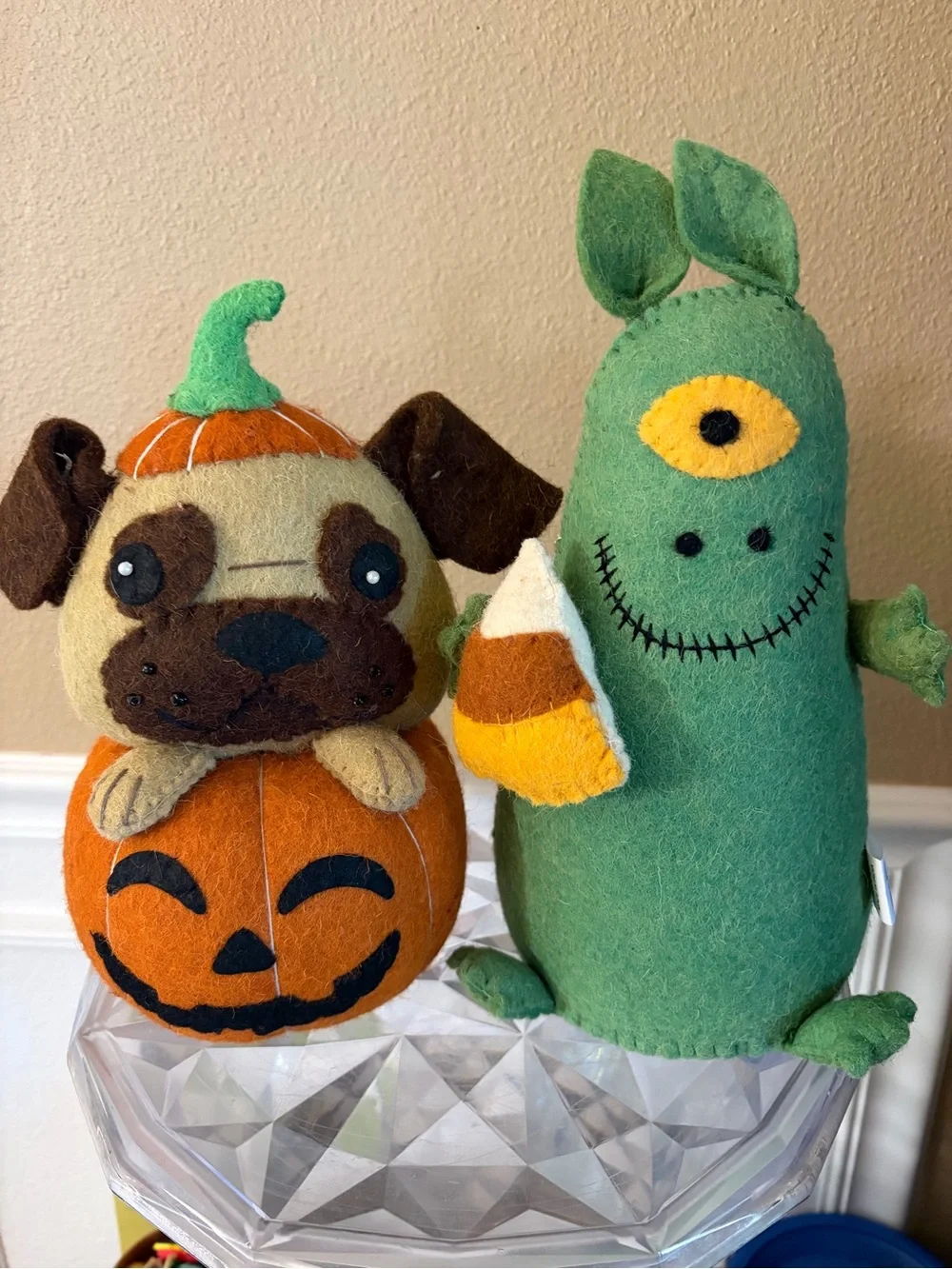 Wool Weighted Halloween Decor Pug Pumpkin Pup & Green Candy Corn Monster